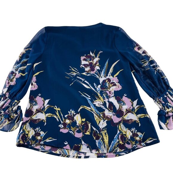 Chicos Blue Floral Long-Sleeve Blouse Size 00P Polyester Spandex Boho Chic Women - Picture 5 of 6